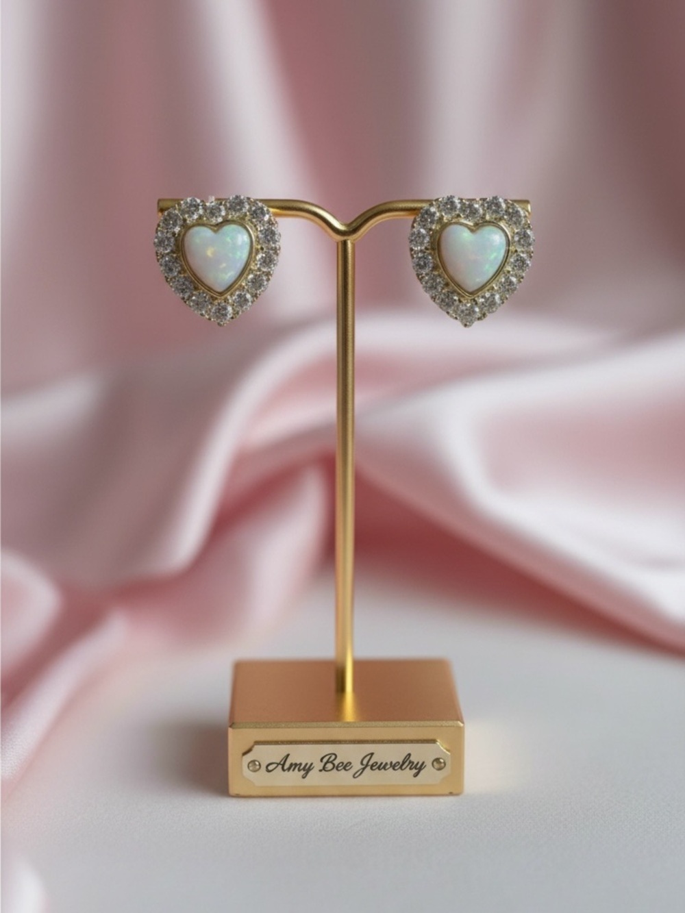 Gold Plated Heart-Shaped Opal and CZ Stud Earrings. New.